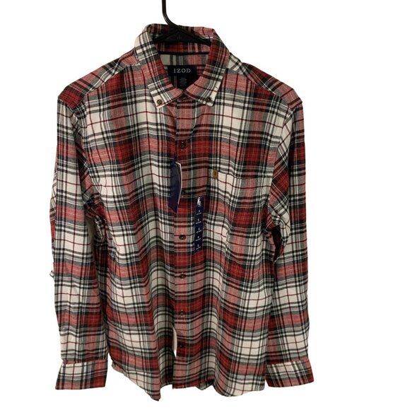 Izod Mens S Plaid Flannel Button-Up Shirt Bordeaux Wine - Picture 3 of 6